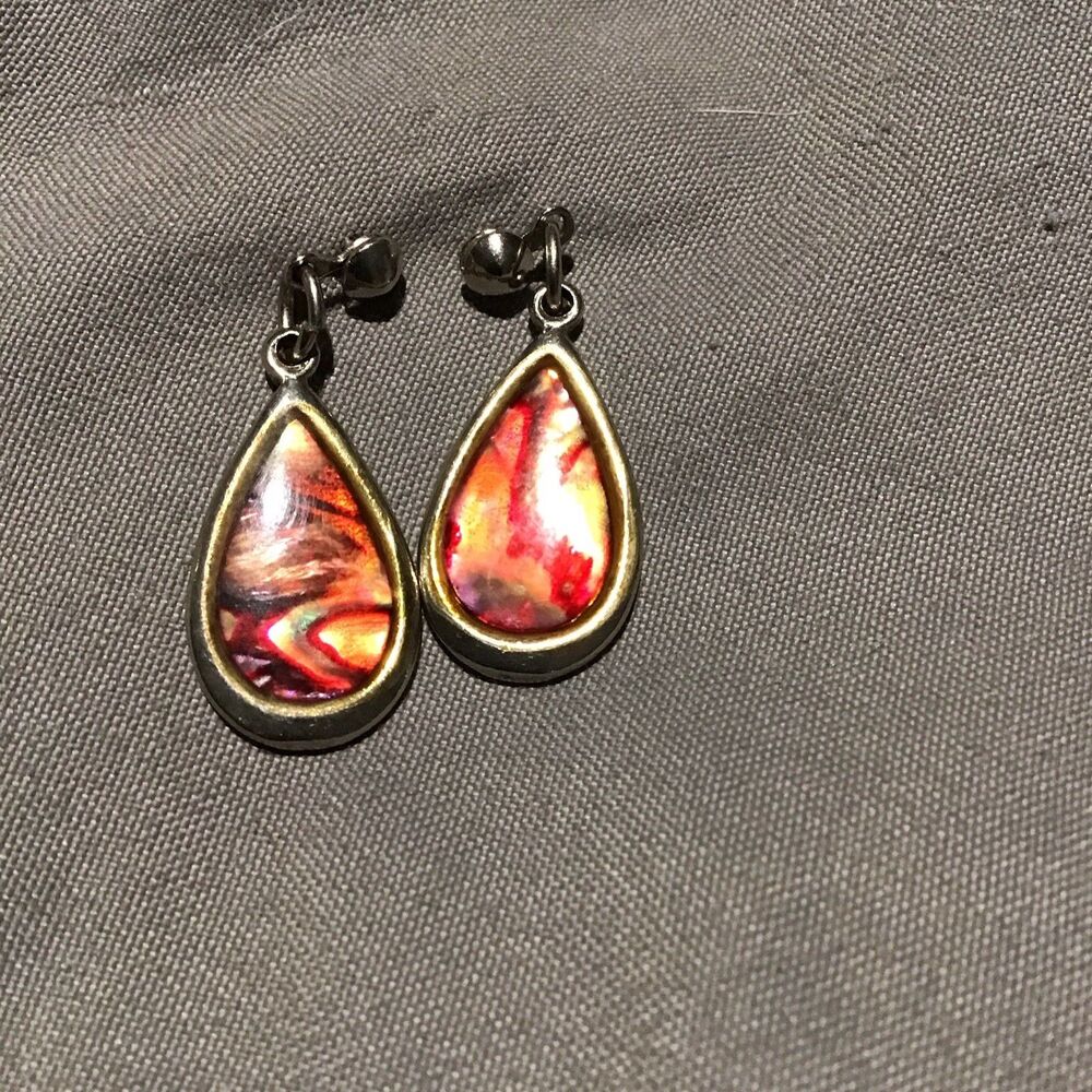 Iridescent Ammolite Earrings Red/Orange Color Changers, Teardrop Shape Boho Chic - Picture 7 of 8